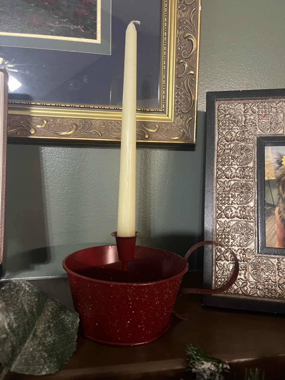 Vintage Rustic Red Speckled Metal Candle Holder with Handle